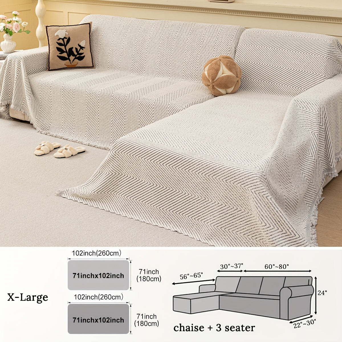 2pcs Jacquard Half-Velvet Easy Striped Sofa Cover with Tassel Decoration, Suitable for Use in Autumn And Winter, Independent Sofa Protector, Integrated Full-Cover Sofa Cover, Applicable for Bedroom, Living Room, Office, And Home Decor