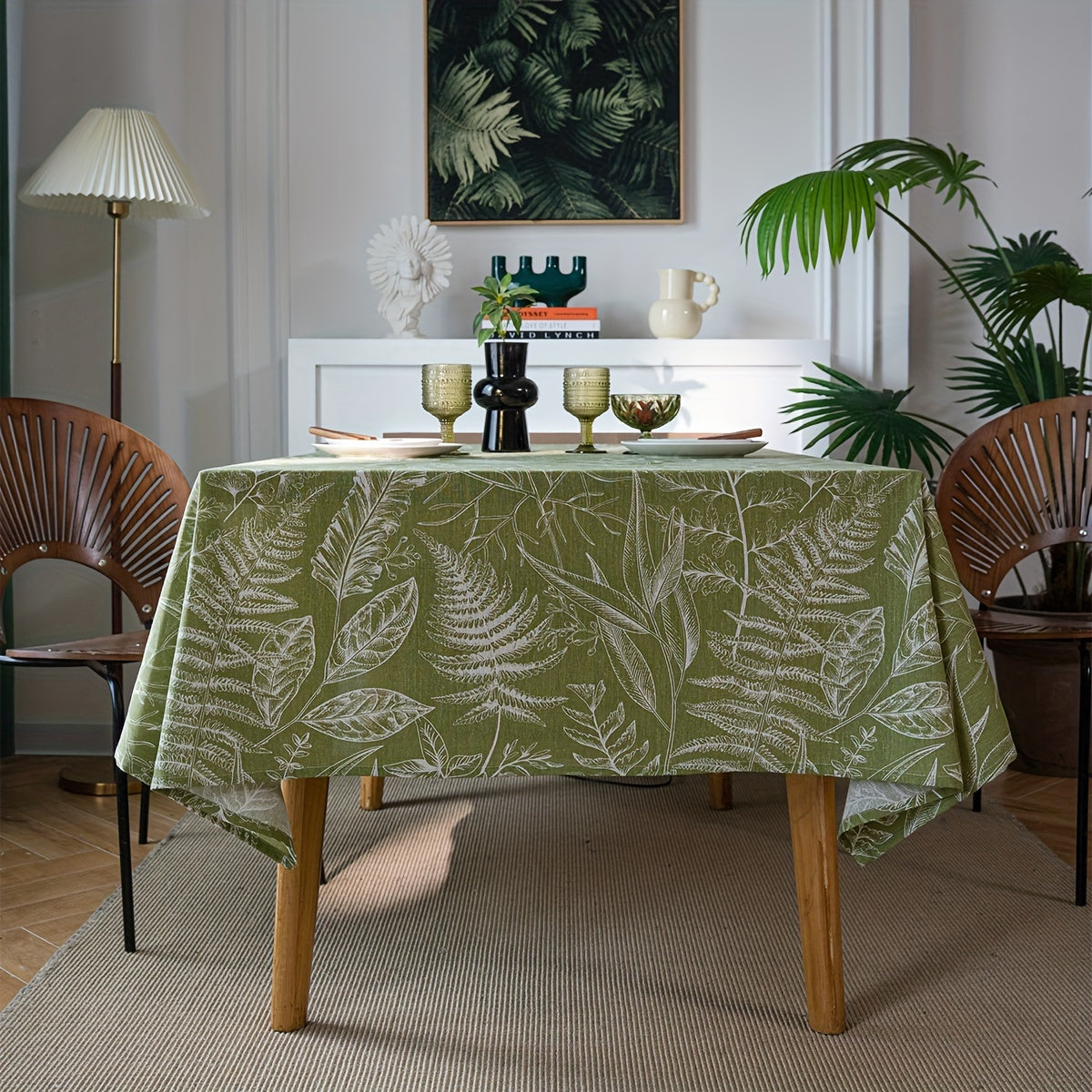 Green Leaf Sketch Rectangular Tablecloth - American Style Fabric, Machine-Woven for Kitchen & Dining Room Decor, Direct Supply, 1pc