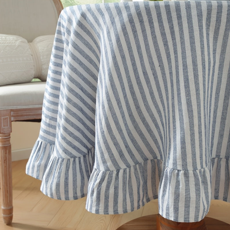 A Single Piece of Japanese-Style Fresh Solid Color Blue Striped Round Tablecloth, Perfect for Small Gardens, Natural Settings, Outdoor Cafes, And As a Versatile Decorative Fabric for Dining Tables in Kitchens And Bedrooms Throughout The Year