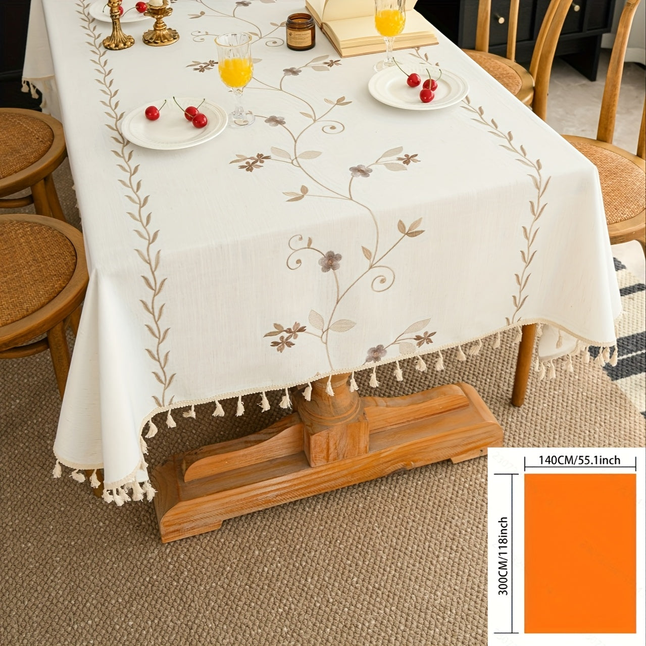 1pc Vintage Fringed Floral Tablecloth Suitable for - Rustic Farmhouse Rectangular Table Cover with Fringe Edges, Washable Adhesive Cover for Weddings, Parties, Kitchen, Dining Table Decor