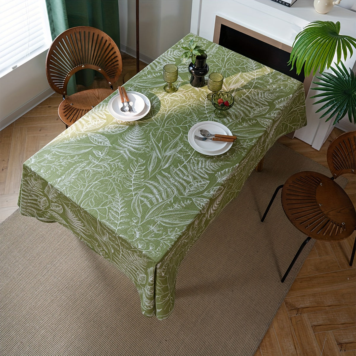 Green Leaf Sketch Rectangular Tablecloth - American Style Fabric, Machine-Woven for Kitchen & Dining Room Decor, Direct Supply, 1pc