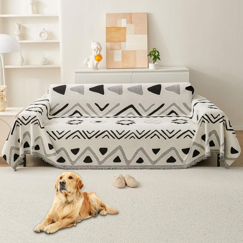 Compatible for 3-Seater, Single, Double, 4-Seater & Sofa Covers - Washable Bohemian Fringed Sectional Couch Cover Suitable for Dogs & Pets, Soft Furniture Protector Cover for Living Room, Fits Most Sofas