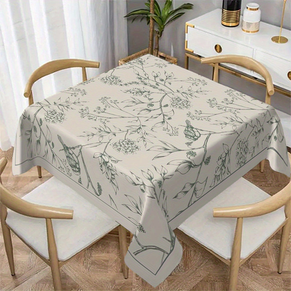 1pc Elegant Floral Print Polyester Tablecloth - Light Gray with Green Leaf Patterns Perfect for Dining Room Kitchen Parties and Holidays - Indoor\u002FOutdoor Use Machine-Made Rectangular Shape Kitchen Tablecloth | Elegant Table Setting | No Frills Around