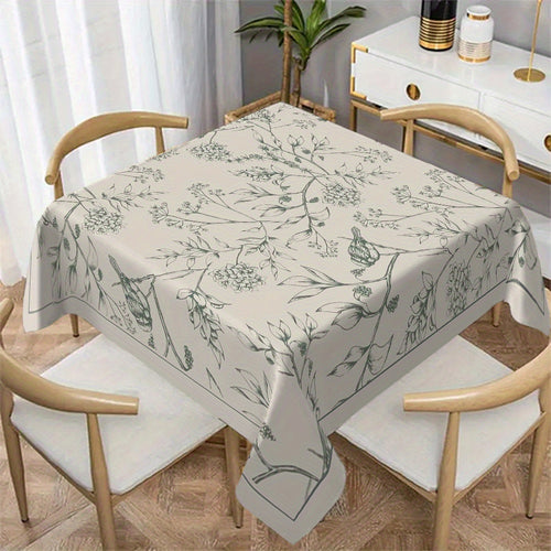 1pc Elegant Floral Print Polyester Tablecloth - Light Gray with Green Leaf Patterns Perfect for Dining Room Kitchen Parties and Holidays - Indoor\u002FOutdoor Use Machine-Made Rectangular Shape Kitchen Tablecloth | Elegant Table Setting | No Frills Around