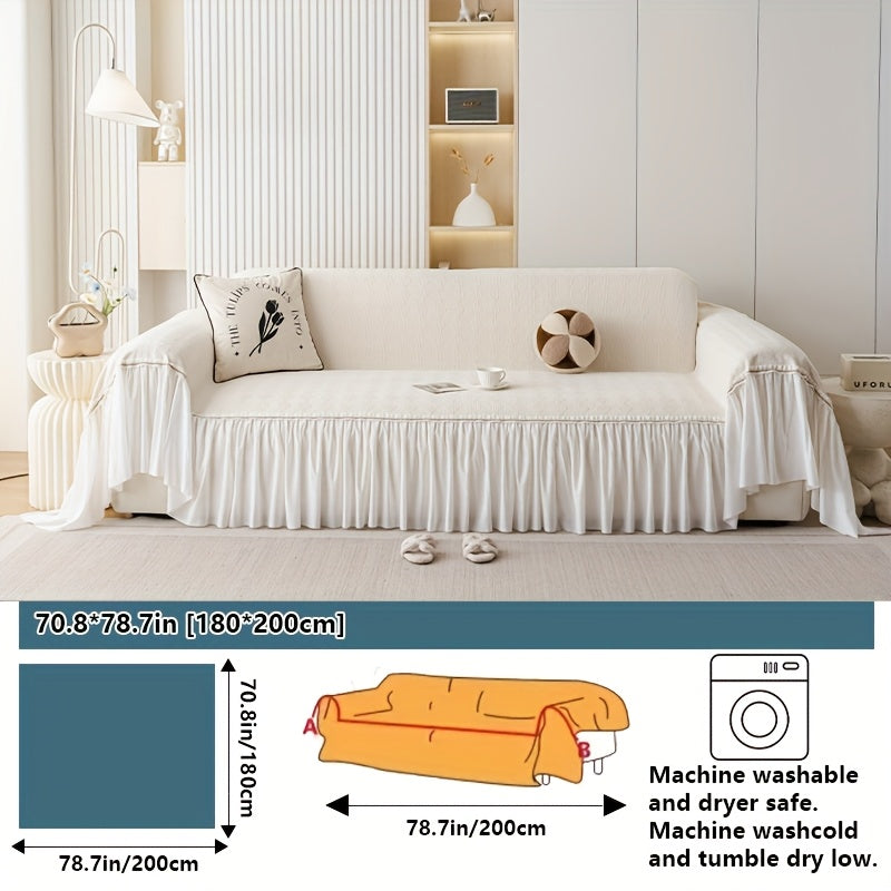 1pc of Creamy Soft And Comfortable Sofa Towel, Nordic Easy Modern Style Chenille Four Seasons Universal Solid Color Sofa Cover Blanket, Diamond Lattice Traditional Geometric Pattern, French Skirt Lace Edge Design, Non-Slip, Suitable for Bedroom