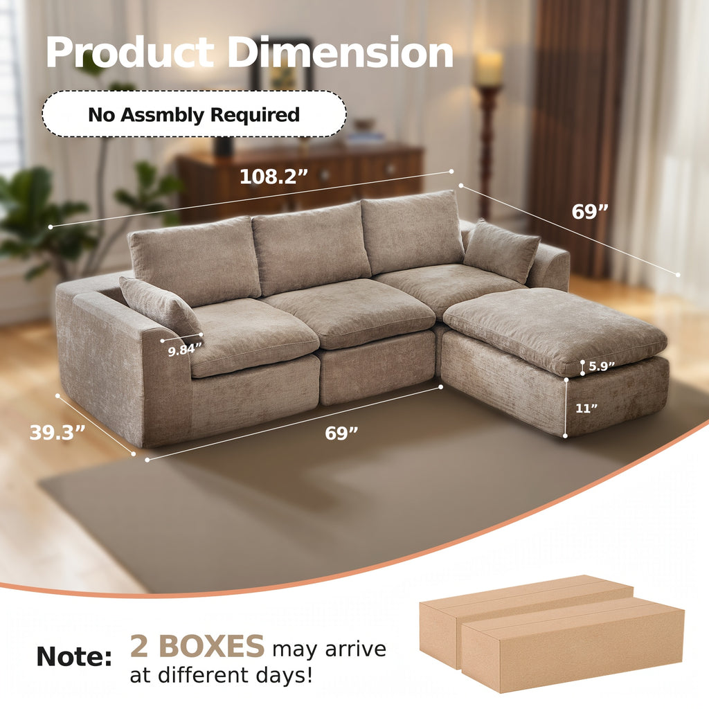 Boneless Sectional Couch Cloud Sofa With Ottoman, Modular Memory Foam Couches For Living Room, Large L Shaped Modern 3 Seater Floor Sofa Set, No Assembly, Comfy Deep Seats | Adjustable Backrest, Deep Seat, High-Resilience Foam