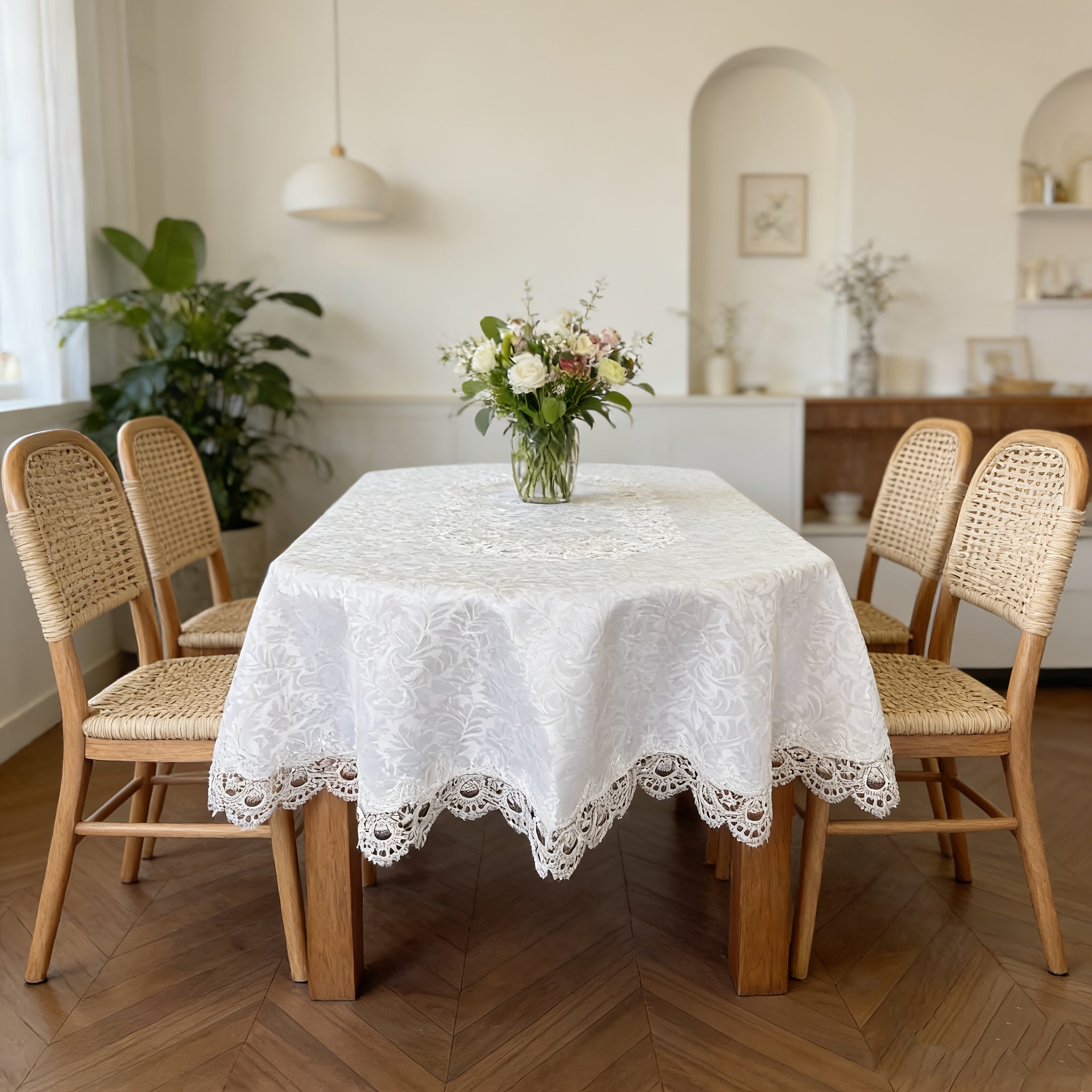 1pc of Pure White Jacquard Lace Embroidered Tablecloth, Oval Shape, Suitable for Parties, Featuring a High-End Jacquard Design, Perfect for Ramadan And Easter, Ideal for Oval Dining Tables, Minimalist European Style, Kitchen Decoration