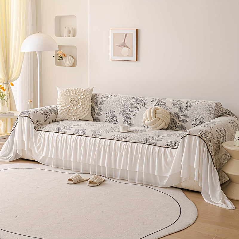 1pc Chenille Sofa Cover with Geometric Leaf Pattern & Lace Trim - Pet-Friendly, Machine Washable, One-Piece Design for 1-4 Seater Sofas, All-Season Living Room & Bedroom Decor