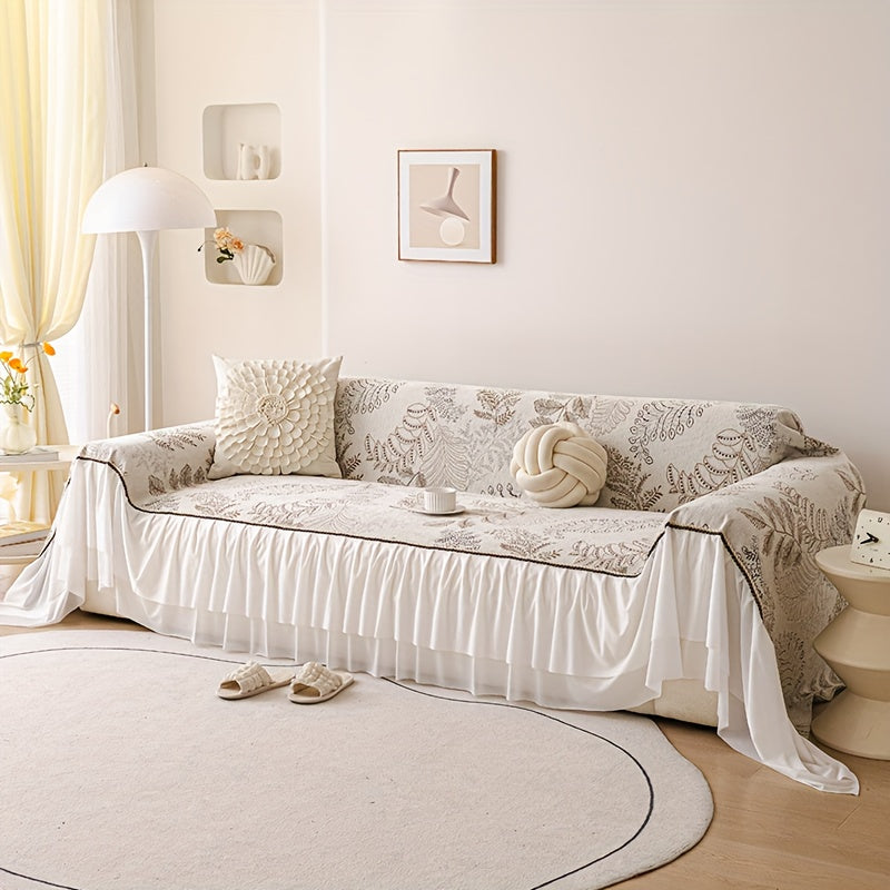 1pc Chenille Sofa Cover with Geometric Leaf Pattern & Lace Trim - Pet-Friendly, Machine Washable, One-Piece Design for 1-4 Seater Sofas, All-Season Living Room & Bedroom Decor