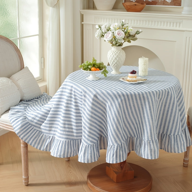 A Single Piece of Japanese-Style Fresh Solid Color Blue Striped Round Tablecloth, Perfect for Small Gardens, Natural Settings, Outdoor Cafes, And As a Versatile Decorative Fabric for Dining Tables in Kitchens And Bedrooms Throughout The Year