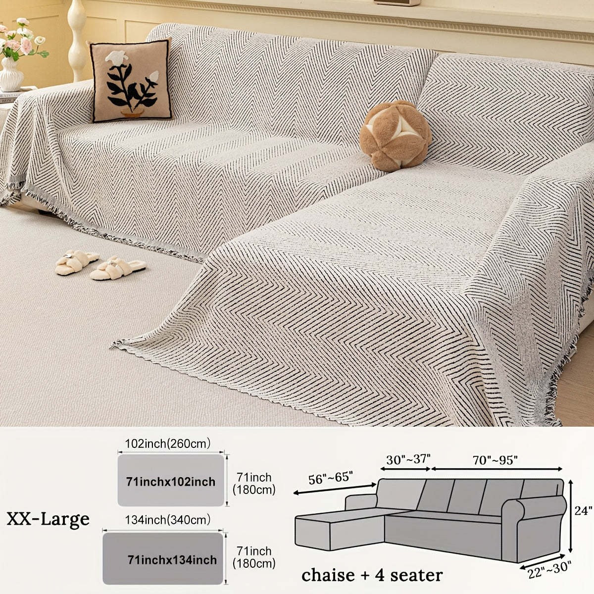 2pcs Jacquard Half-Velvet Easy Striped Sofa Cover with Tassel Decoration, Suitable for Use in Autumn And Winter, Independent Sofa Protector, Integrated Full-Cover Sofa Cover, Applicable for Bedroom, Living Room, Office, And Home Decor