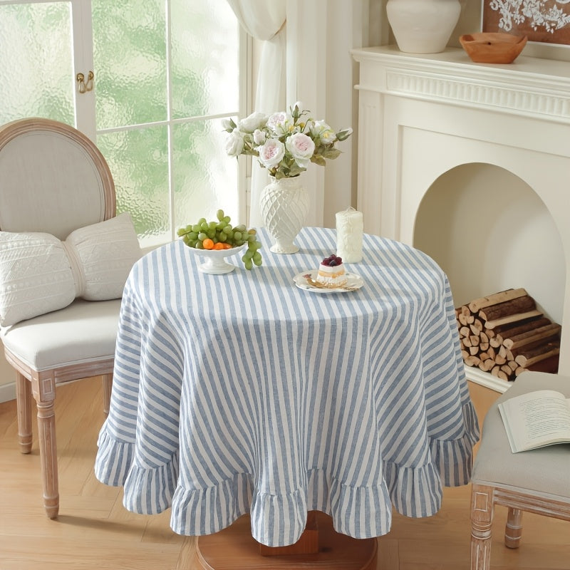 A Single Piece of Japanese-Style Fresh Solid Color Blue Striped Round Tablecloth, Perfect for Small Gardens, Natural Settings, Outdoor Cafes, And As a Versatile Decorative Fabric for Dining Tables in Kitchens And Bedrooms Throughout The Year