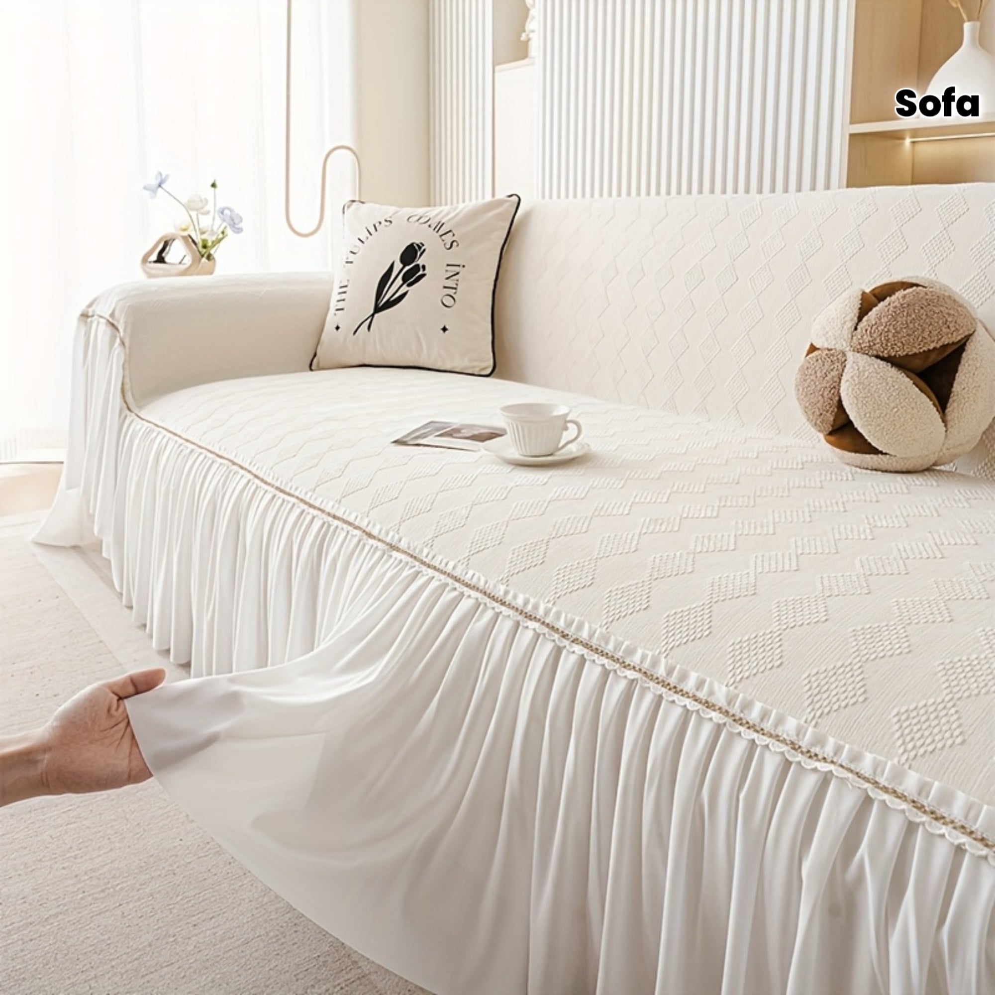 1pc of Creamy Soft And Comfortable Sofa Towel, Nordic Easy Modern Style Chenille Four Seasons Universal Solid Color Sofa Cover Blanket, Diamond Lattice Traditional Geometric Pattern, French Skirt Lace Edge Design, Non-Slip, Suitable for Bedroom