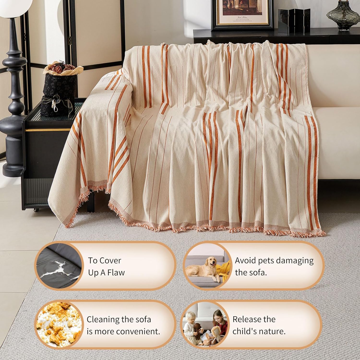 Boho Non-Slip Sofa Cover Compatible for 3-Seater, L-Shaped & Pet Couch Protector - Washable Chenille Sectional Cover with Tassels, Soft Cover Fits for Single\u002FDouble\u002F4-Seater Sofas