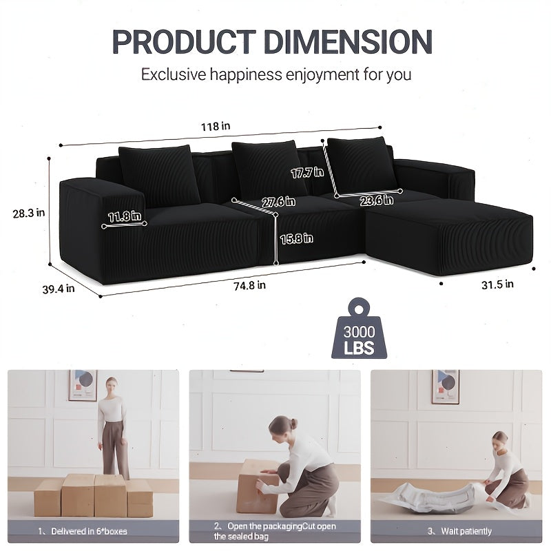 118-Inch Modular Sectional Sofa That Can Be Transformed Into an Oversized Sofa Bed. Comes with a Free Sofa Cover Set, Featuring Flexible Configurations And Soft Corduroy Velvet Fabric for a Three-Person Arrangement