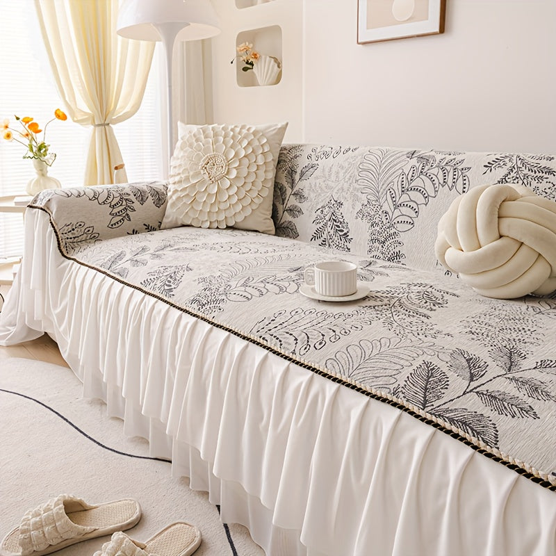 1pc Chenille Sofa Cover with Geometric Leaf Pattern & Lace Trim - Pet-Friendly, Machine Washable, One-Piece Design for 1-4 Seater Sofas, All-Season Living Room & Bedroom Decor