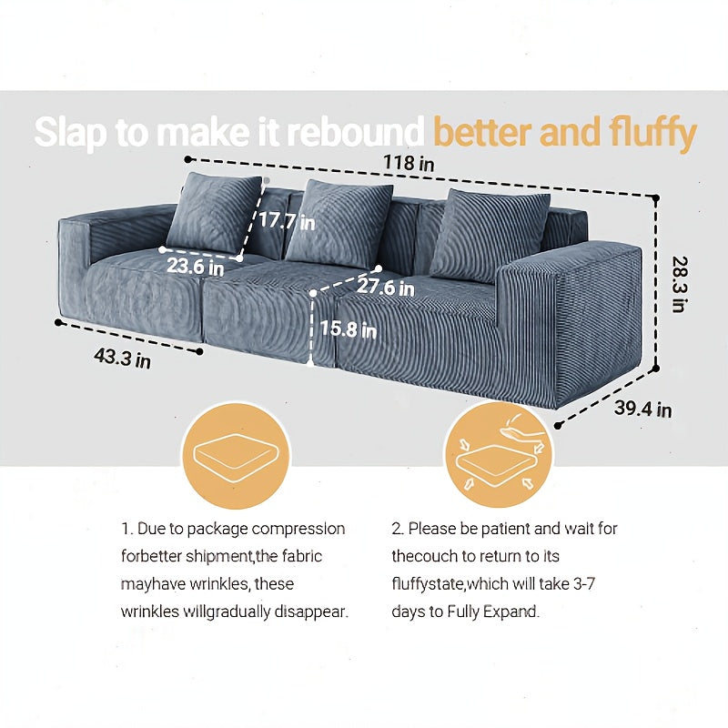 118-Inch Modular Sectional Sofa That Can Be Transformed Into an Oversized Sofa Bed. Comes with a Free Sofa Cover Set, Featuring Flexible Configurations And Soft Corduroy Velvet Fabric for a Three-Person Arrangement