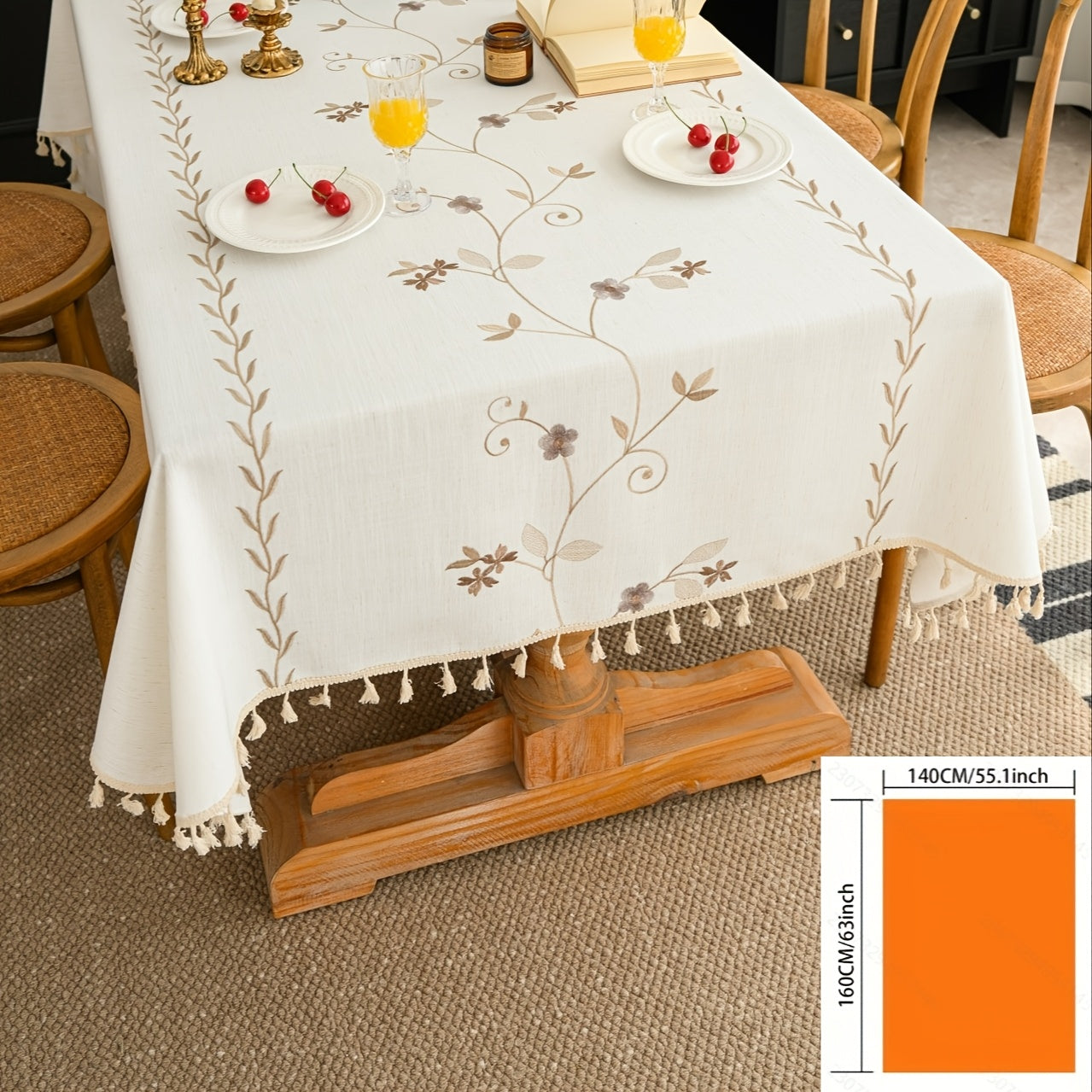 1pc Vintage Fringed Floral Tablecloth Suitable for - Rustic Farmhouse Rectangular Table Cover with Fringe Edges, Washable Adhesive Cover for Weddings, Parties, Kitchen, Dining Table Decor