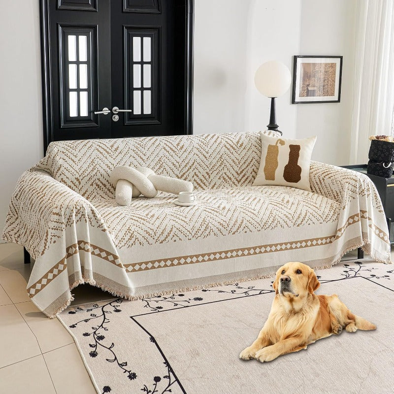 Compatible for 3-Seater, Single, Double, 4-Seater & Sofa Covers - Washable Bohemian Fringed Sectional Couch Cover Suitable for Dogs & Pets, Soft Furniture Protector Cover for Living Room, Fits Most Sofas