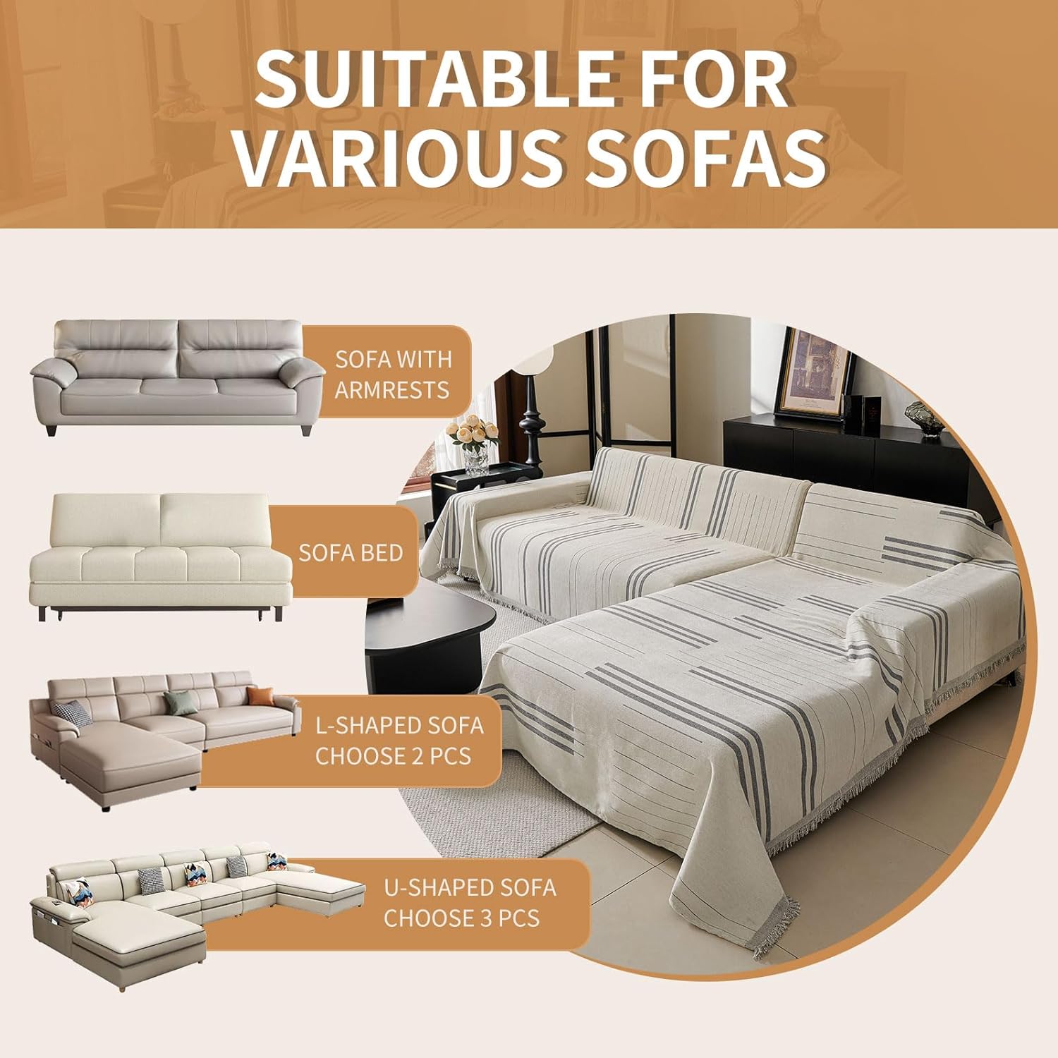 Boho Non-Slip Sofa Cover Compatible for 3-Seater, L-Shaped & Pet Couch Protector - Washable Chenille Sectional Cover with Tassels, Soft Cover Fits for Single\u002FDouble\u002F4-Seater Sofas
