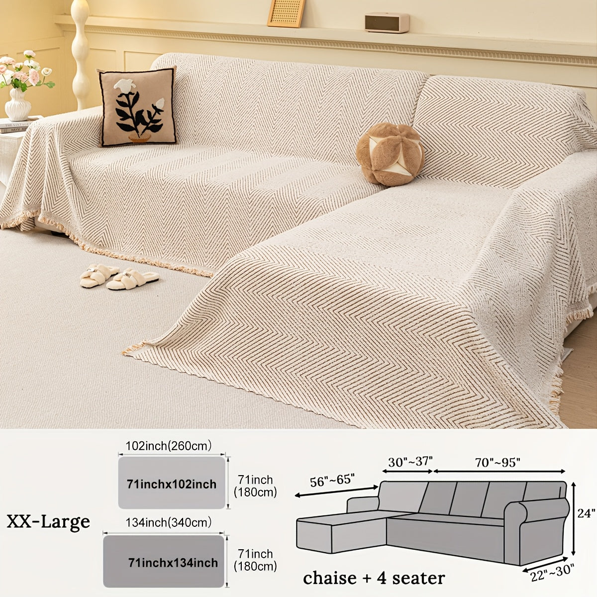 2pcs Jacquard Half-Velvet Easy Striped Sofa Cover with Tassel Decoration, Suitable for Use in Autumn And Winter, Independent Sofa Protector, Integrated Full-Cover Sofa Cover, Applicable for Bedroom, Living Room, Office, And Home Decor