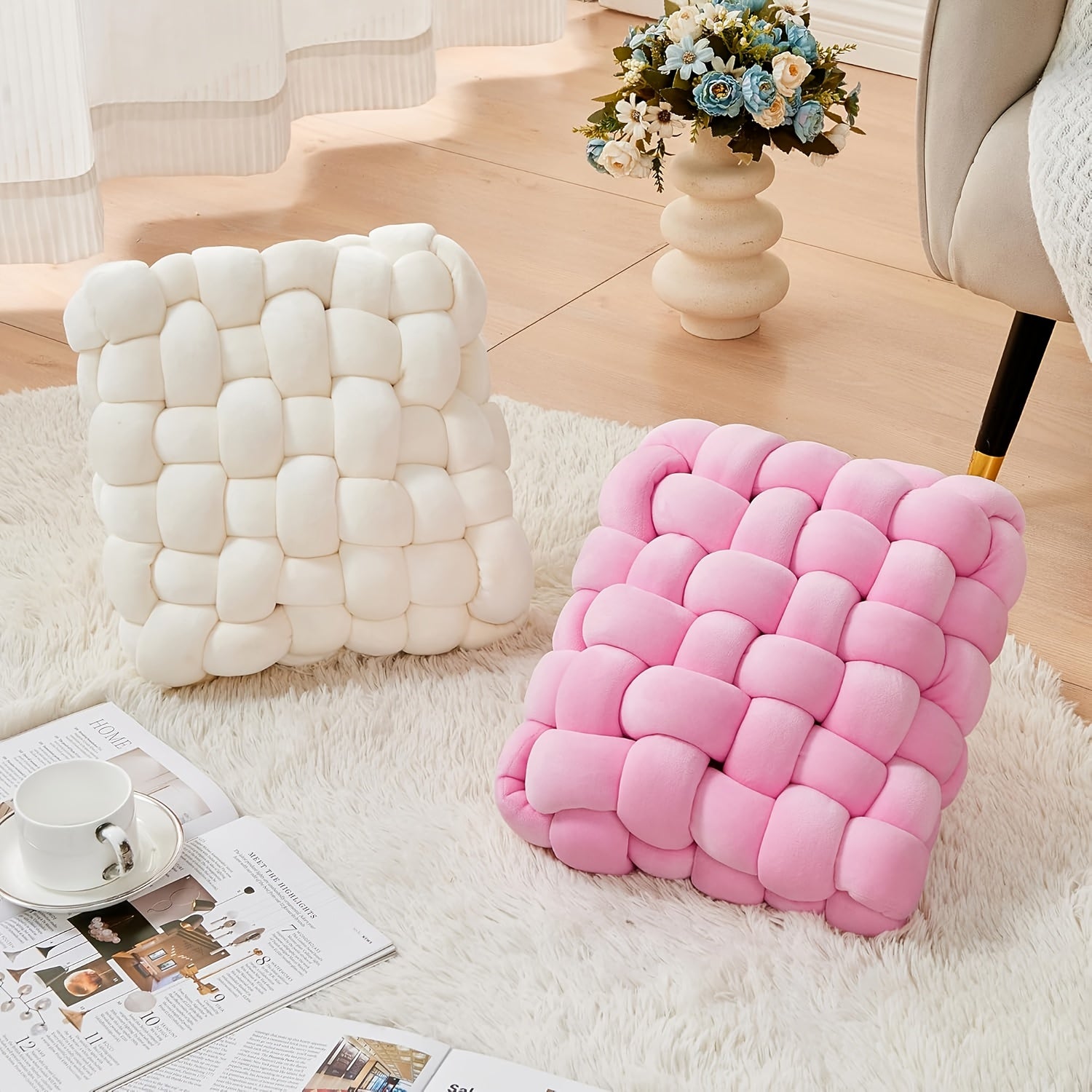 Handmade Square Throw & Back Cushion - Fiber Texture Sofa Bed Chair Office Pillow, Soft Tatami, Handwashable All-Season Decorative Accent for Home - Ideal Cozy Gift (Polyfill Suitable for Most Bedframes)