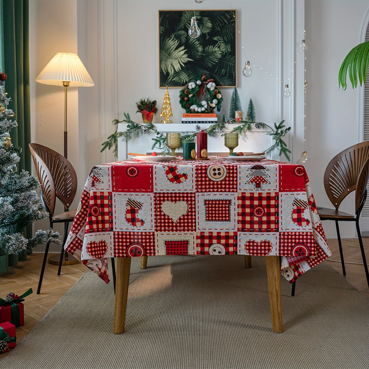Green Leaf Sketch Rectangular Tablecloth - American Style Fabric, Machine-Woven for Kitchen & Dining Room Decor, Direct Supply, 1pc