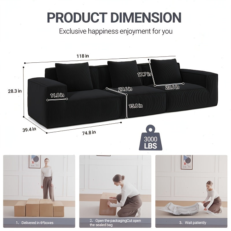 118-Inch Modular Sectional Sofa That Can Be Transformed Into an Oversized Sofa Bed. Comes with a Free Sofa Cover Set, Featuring Flexible Configurations And Soft Corduroy Velvet Fabric for a Three-Person Arrangement