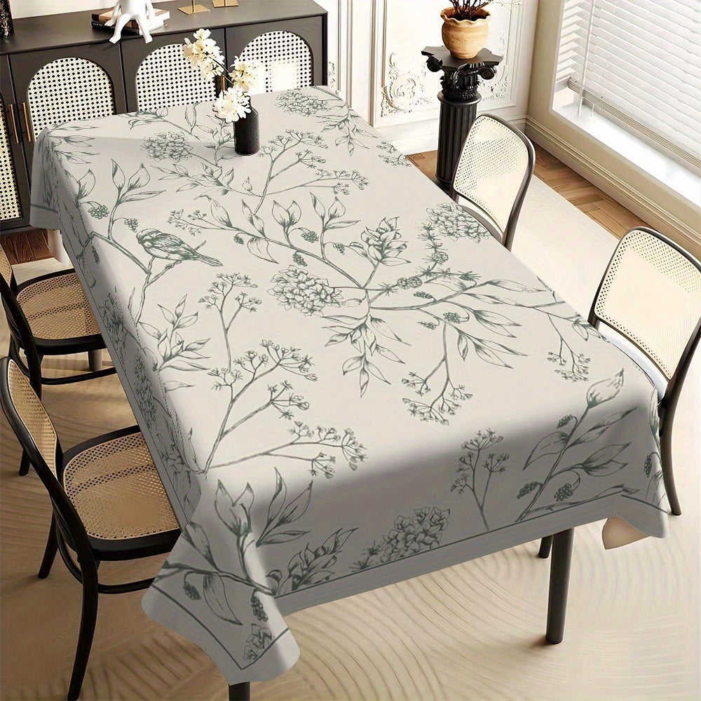 1pc Elegant Floral Print Polyester Tablecloth - Light Gray with Green Leaf Patterns Perfect for Dining Room Kitchen Parties and Holidays - Indoor\u002FOutdoor Use Machine-Made Rectangular Shape Kitchen Tablecloth | Elegant Table Setting | No Frills Around