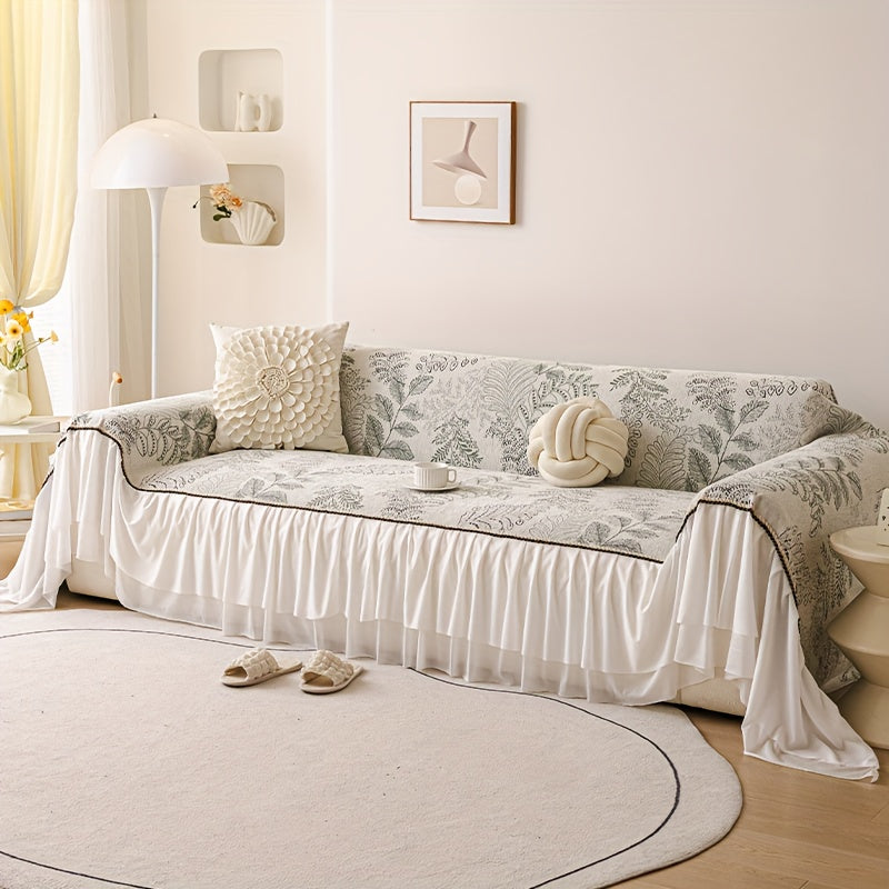 1pc Chenille Sofa Cover with Geometric Leaf Pattern & Lace Trim - Pet-Friendly, Machine Washable, One-Piece Design for 1-4 Seater Sofas, All-Season Living Room & Bedroom Decor