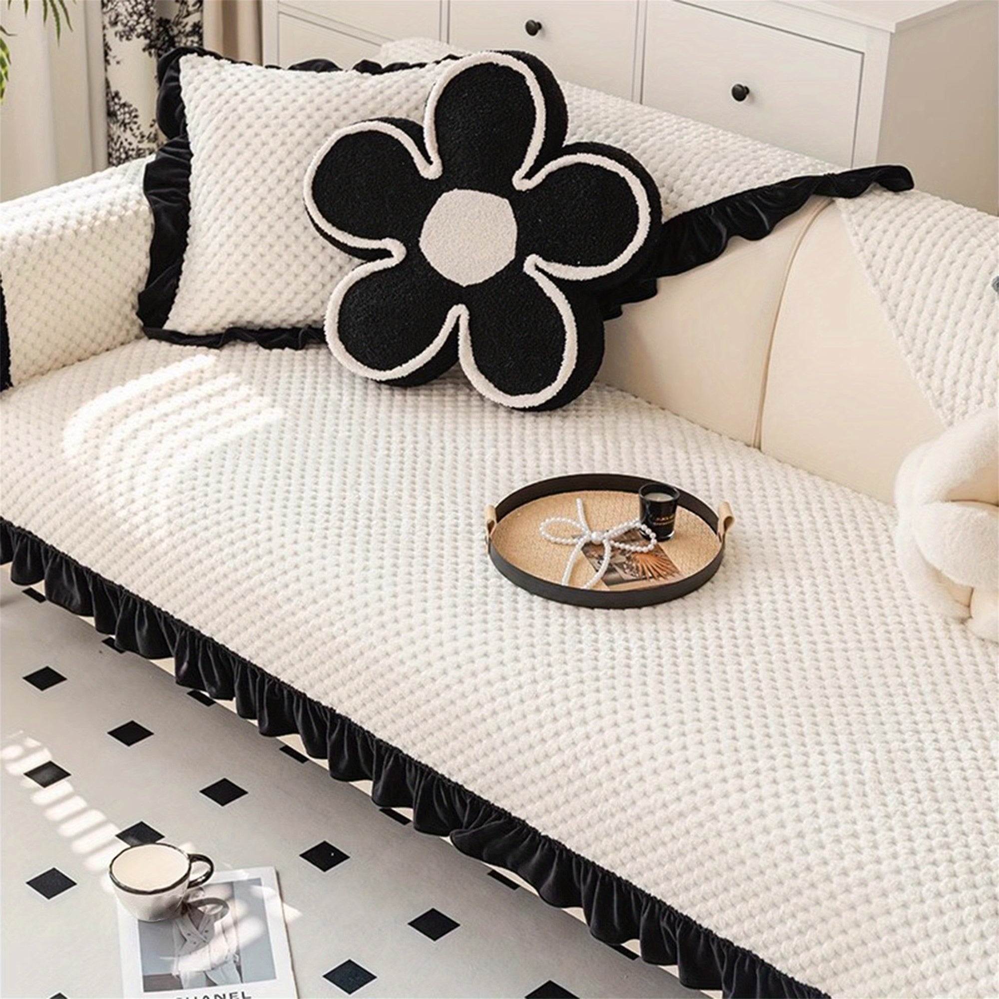 Vintage Ruffled Sofa Slipcover French Style Non-Slip Washable Decorative Couch Covers Furniture Protector for Pets Kids