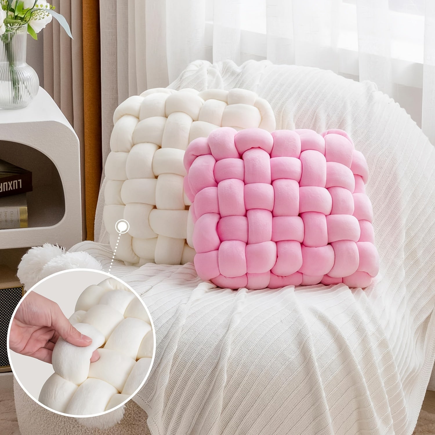 Handmade Square Throw & Back Cushion - Fiber Texture Sofa Bed Chair Office Pillow, Soft Tatami, Handwashable All-Season Decorative Accent for Home - Ideal Cozy Gift (Polyfill Suitable for Most Bedframes)