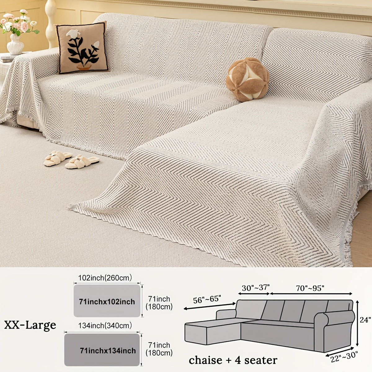 2pcs Jacquard Half-Velvet Easy Striped Sofa Cover with Tassel Decoration, Suitable for Use in Autumn And Winter, Independent Sofa Protector, Integrated Full-Cover Sofa Cover, Applicable for Bedroom, Living Room, Office, And Home Decor