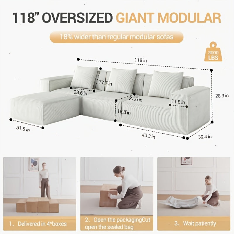 118-Inch Modular Sectional Sofa That Can Be Transformed Into an Oversized Sofa Bed. Comes with a Free Sofa Cover Set, Featuring Flexible Configurations And Soft Corduroy Velvet Fabric for a Three-Person Arrangement