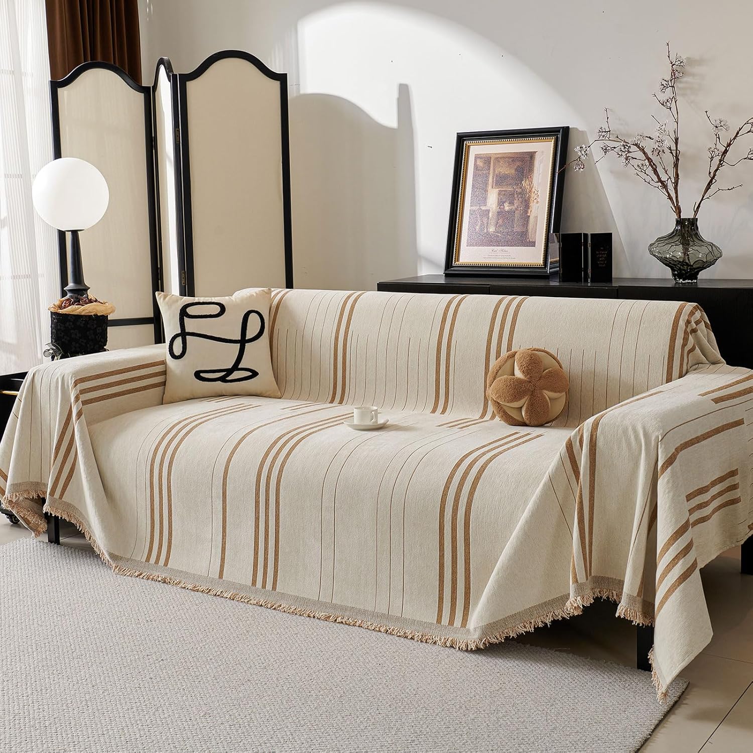 Boho Non-Slip Sofa Cover Compatible for 3-Seater, L-Shaped & Pet Couch Protector - Washable Chenille Sectional Cover with Tassels, Soft Cover Fits for Single\u002FDouble\u002F4-Seater Sofas