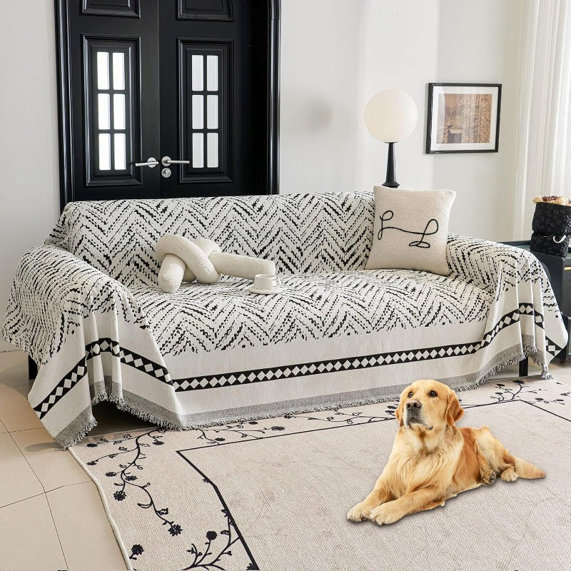 Compatible for 3-Seater, Single, Double, 4-Seater & Sofa Covers - Washable Bohemian Fringed Sectional Couch Cover Suitable for Dogs & Pets, Soft Furniture Protector Cover for Living Room, Fits Most Sofas