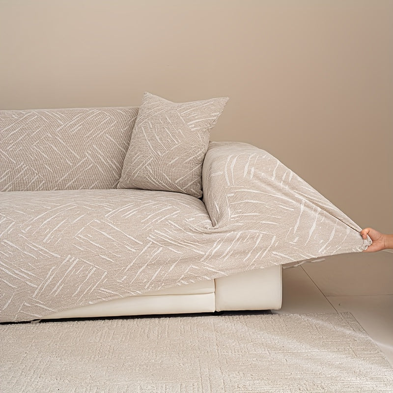 A 2pcs Set of Modern Minimalist Sofa Covers with Matching Pillow Covers, Featuring Geometric Striped Patterns. They Are Elastic, Non-Slip, Durable, Made of Chenille, Suitable for All Seasons, Pet-Friendly, And Perfect for Living Room Sofa Decoration