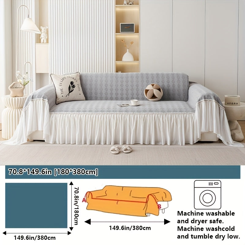 1pc of Creamy Soft And Comfortable Sofa Towel, Nordic Easy Modern Style Chenille Four Seasons Universal Solid Color Sofa Cover Blanket, Diamond Lattice Traditional Geometric Pattern, French Skirt Lace Edge Design, Non-Slip, Suitable for Bedroom