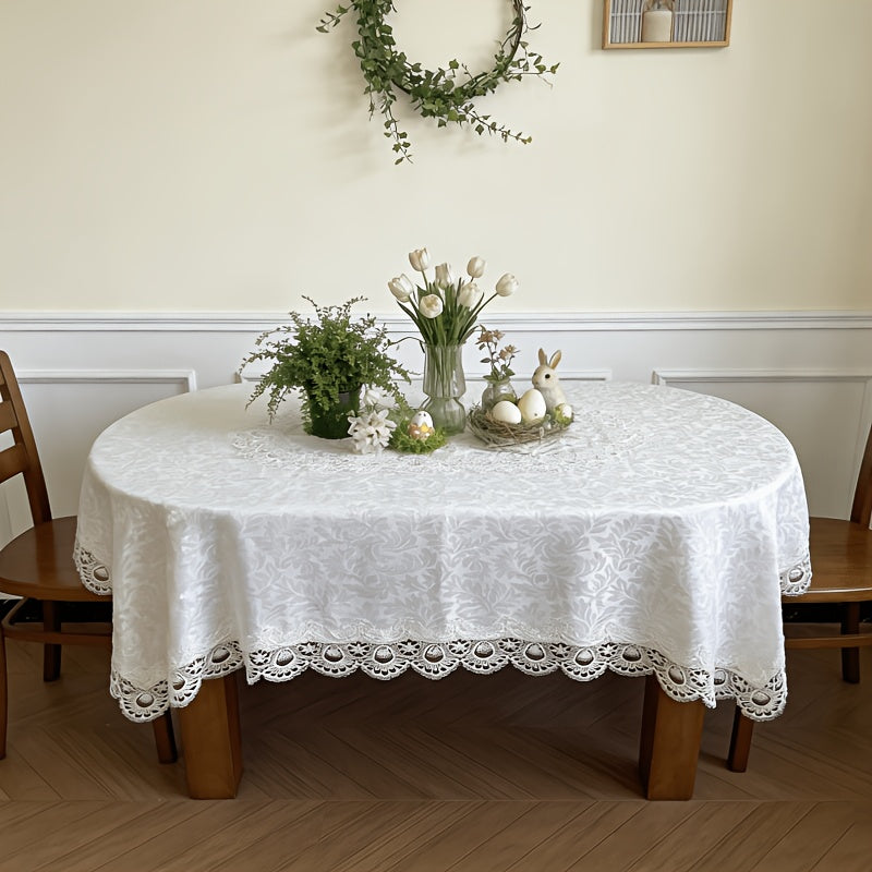 1pc of Pure White Jacquard Lace Embroidered Tablecloth, Oval Shape, Suitable for Parties, Featuring a High-End Jacquard Design, Perfect for Ramadan And Easter, Ideal for Oval Dining Tables, Minimalist European Style, Kitchen Decoration