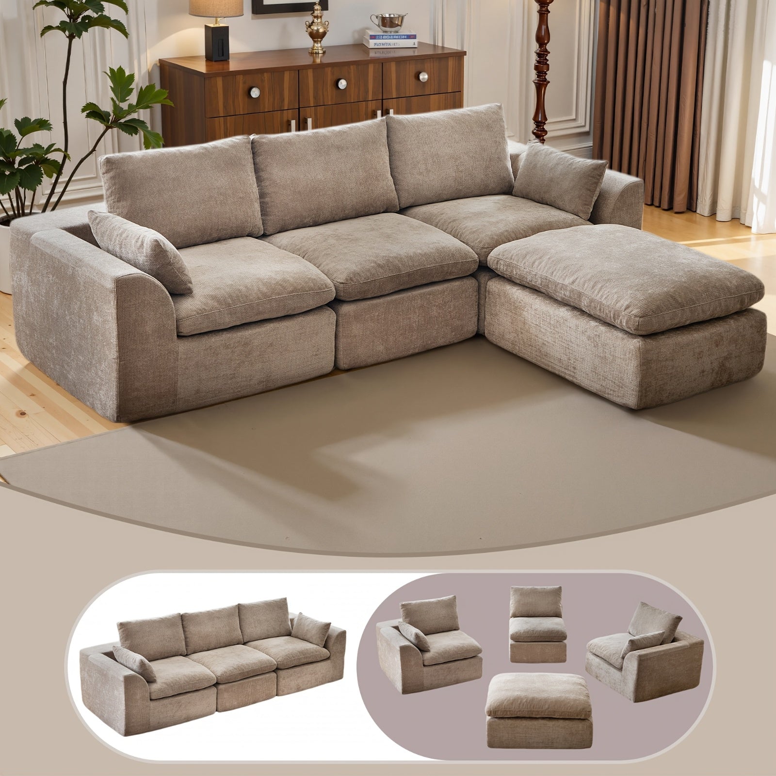 Boneless Sectional Couch Cloud Sofa With Ottoman, Modular Memory Foam Couches For Living Room, Large L Shaped Modern 3 Seater Floor Sofa Set, No Assembly, Comfy Deep Seats | Adjustable Backrest, Deep Seat, High-Resilience Foam