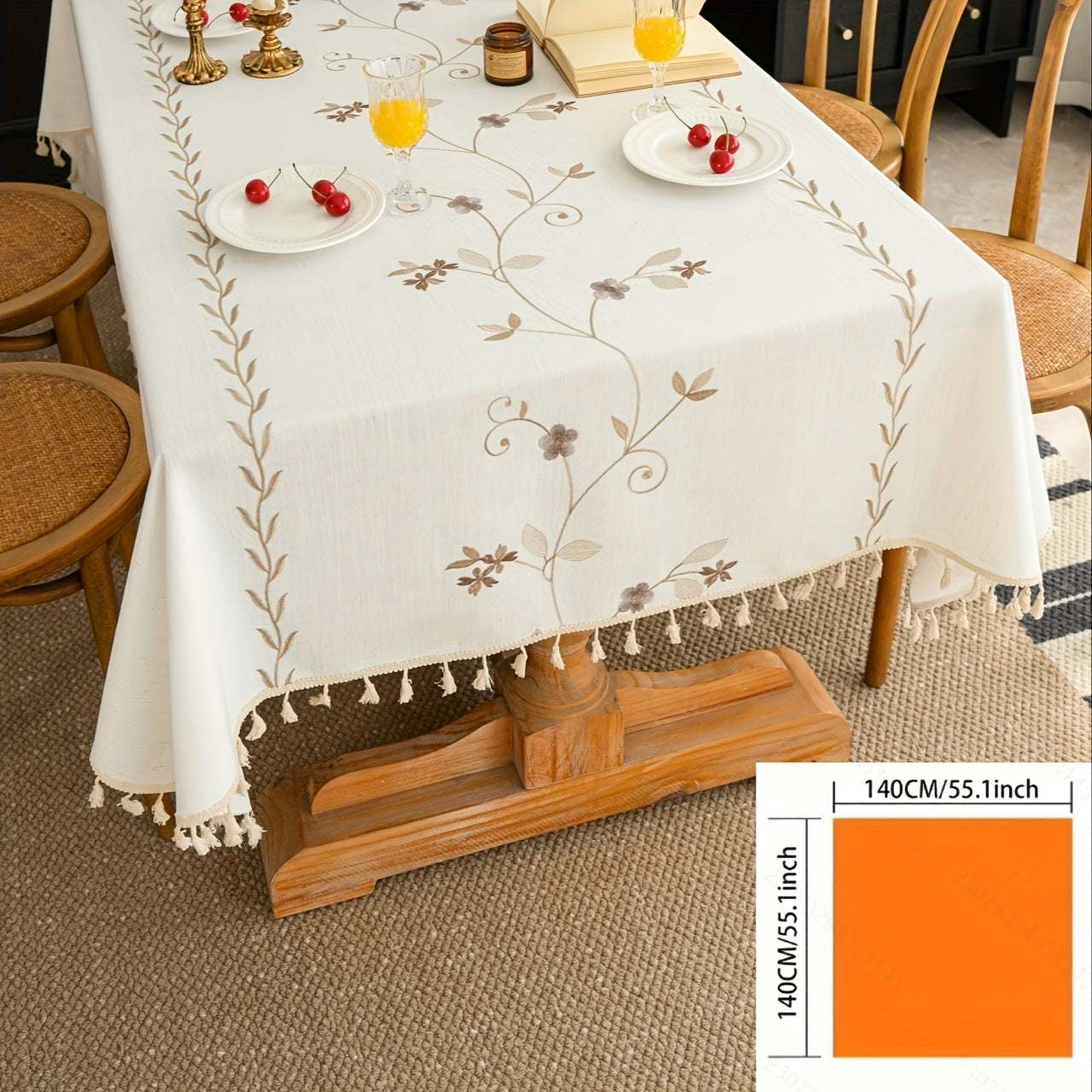 1pc Vintage Fringed Floral Tablecloth Suitable for - Rustic Farmhouse Rectangular Table Cover with Fringe Edges, Washable Adhesive Cover for Weddings, Parties, Kitchen, Dining Table Decor