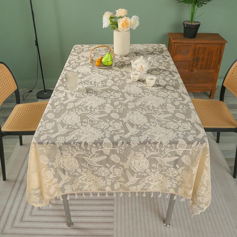 1pc Retro Style Polyester Fiber Table Cloth with Handmade & Fringe Trim | Simple Rectangular Design | Home & Dining Use