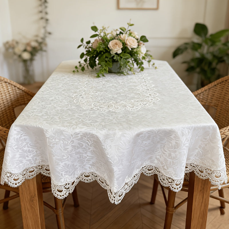 1pc of Pure White Jacquard Lace Embroidered Tablecloth, Oval Shape, Suitable for Parties, Featuring a High-End Jacquard Design, Perfect for Ramadan And Easter, Ideal for Oval Dining Tables, Minimalist European Style, Kitchen Decoration