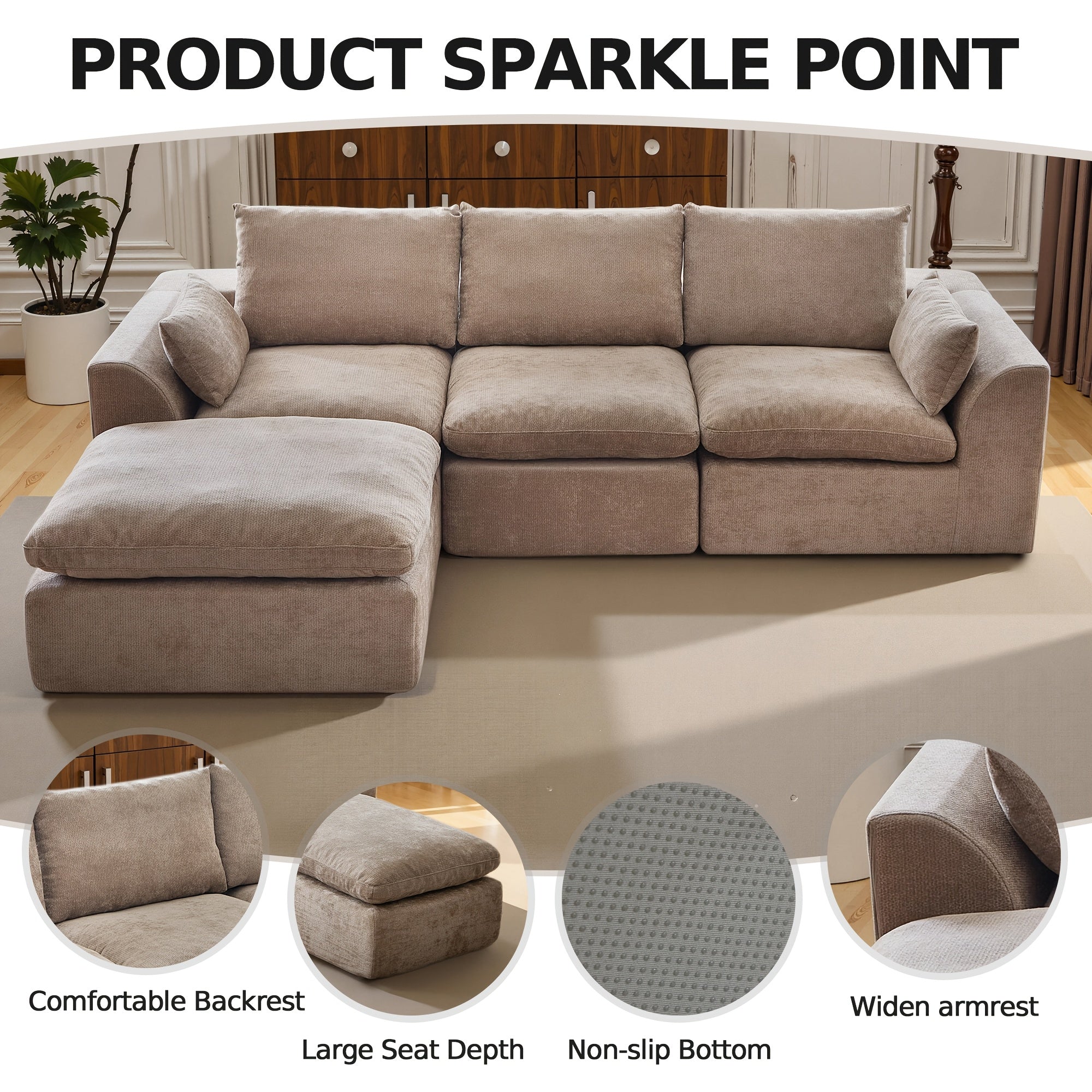 Boneless Sectional Couch Cloud Sofa With Ottoman, Modular Memory Foam Couches For Living Room, Large L Shaped Modern 3 Seater Floor Sofa Set, No Assembly, Comfy Deep Seats | Adjustable Backrest, Deep Seat, High-Resilience Foam