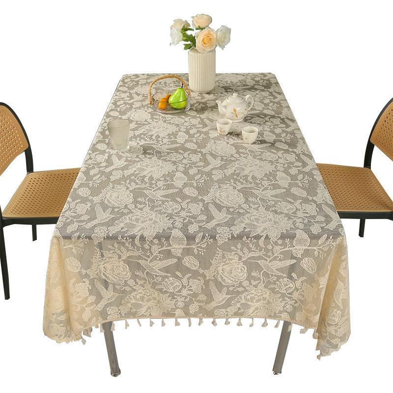 1pc Retro Style Polyester Fiber Table Cloth with Handmade & Fringe Trim | Simple Rectangular Design | Home & Dining Use