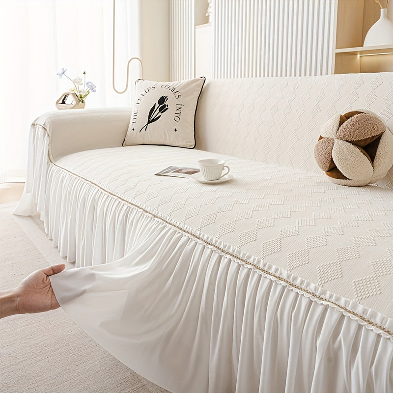 1pc of Creamy Soft And Comfortable Sofa Towel, Nordic Easy Modern Style Chenille Four Seasons Universal Solid Color Sofa Cover Blanket, Diamond Lattice Traditional Geometric Pattern, French Skirt Lace Edge Design, Non-Slip, Suitable for Bedroom