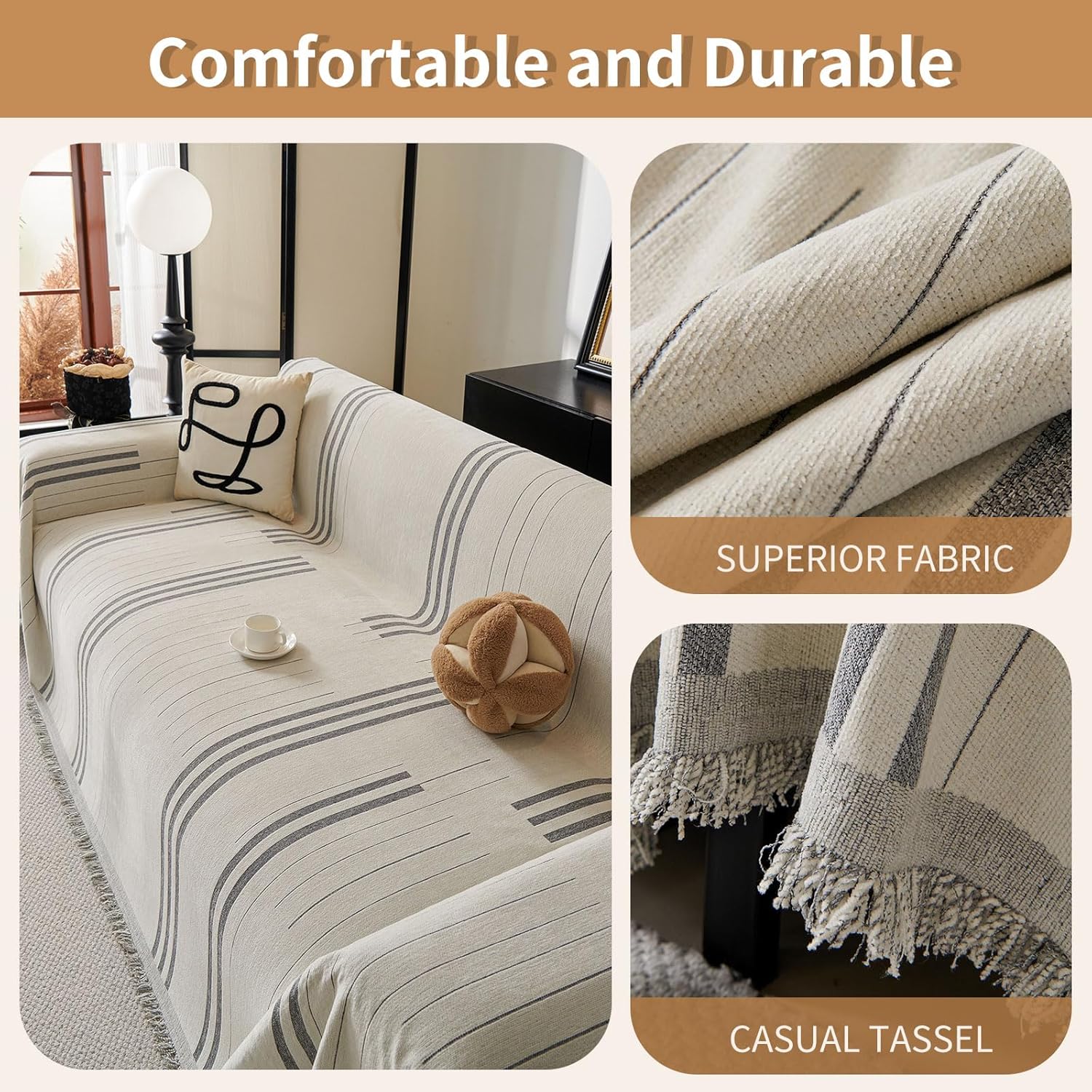 Boho Non-Slip Sofa Cover Compatible for 3-Seater, L-Shaped & Pet Couch Protector - Washable Chenille Sectional Cover with Tassels, Soft Cover Fits for Single\u002FDouble\u002F4-Seater Sofas