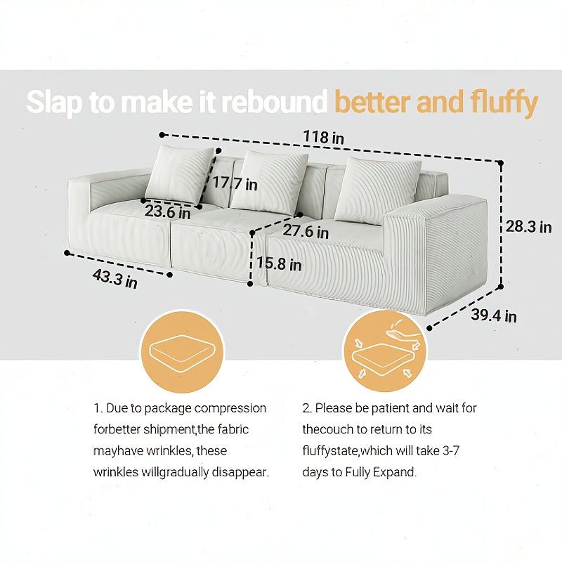 118-Inch Modular Sectional Sofa That Can Be Transformed Into an Oversized Sofa Bed. Comes with a Free Sofa Cover Set, Featuring Flexible Configurations And Soft Corduroy Velvet Fabric for a Three-Person Arrangement