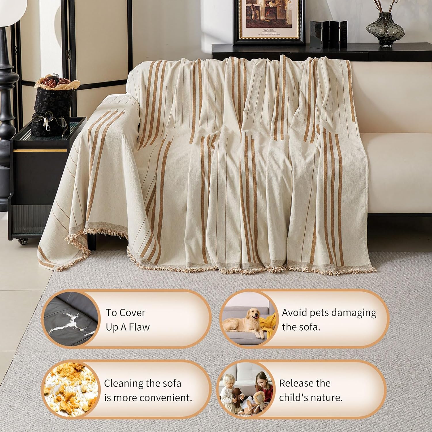 Boho Non-Slip Sofa Cover Compatible for 3-Seater, L-Shaped & Pet Couch Protector - Washable Chenille Sectional Cover with Tassels, Soft Cover Fits for Single\u002FDouble\u002F4-Seater Sofas