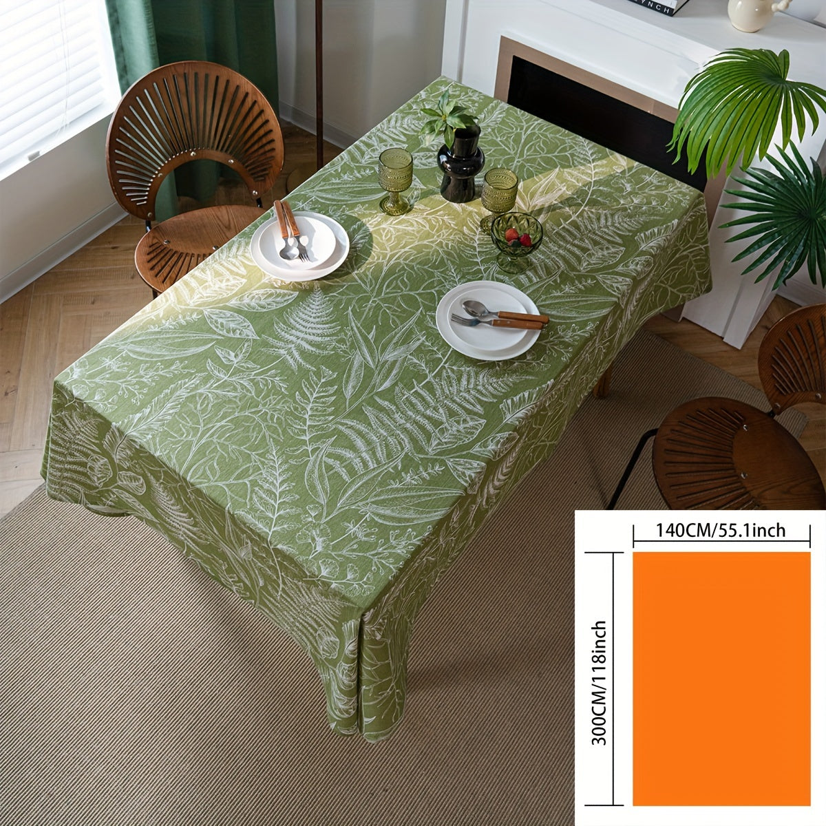 Green Leaf Sketch Rectangular Tablecloth - American Style Fabric, Machine-Woven for Kitchen & Dining Room Decor, Direct Supply, 1pc